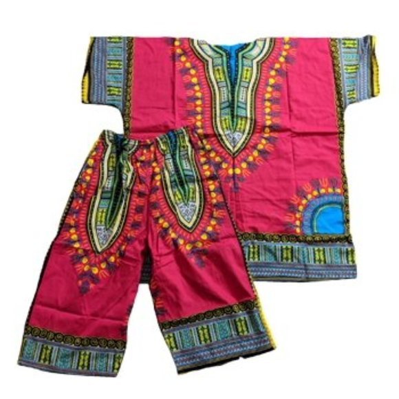 Unisex African Dashiki Shirt & Capri Pants 2pc. Set Hot Pink and Blue One‎ Size - Picture 3 of 7